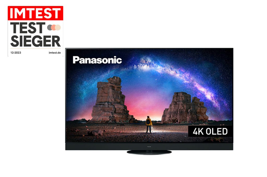 Smart Tv Panasonic 65" OLED TV TX-65MZW2004 vor weißem Hintergrund mit eingeklinktem Testsieger-Siegel von IMTEST.