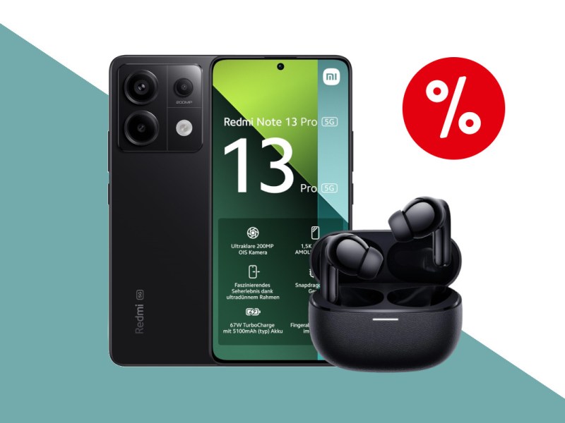 Schwarzes Xiaomi Redmi Note 13 Pro mit schwarzen Earbuds in Case rechts unten daneben auf türkis weißem HIntergrund mit rotem Prozentbutton oben rechts