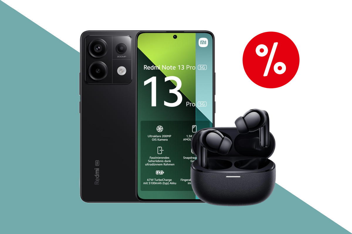 Schwarzes Xiaomi Redmi Note 13 Pro mit schwarzen Earbuds in Case rechts unten daneben auf türkis weißem HIntergrund mit rotem Prozentbutton oben rechts