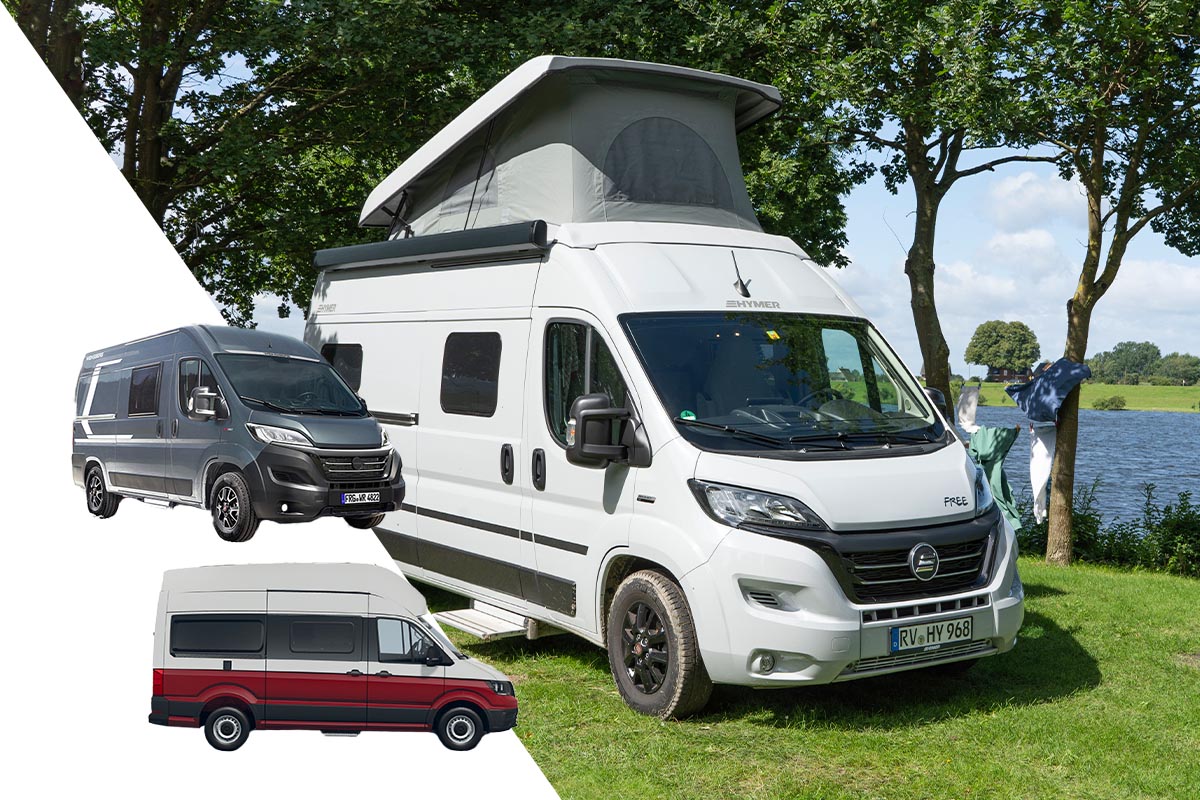 Camper-Van auf einer Wiese an einem Fluss unter freiem Himmel.