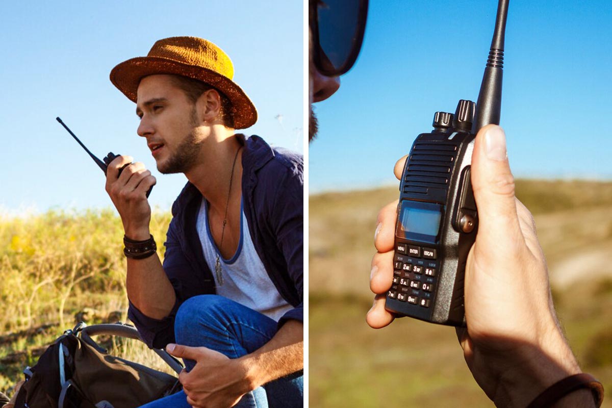 Personen mit Walkie Talkie in der Hand unter freiem Himmel.