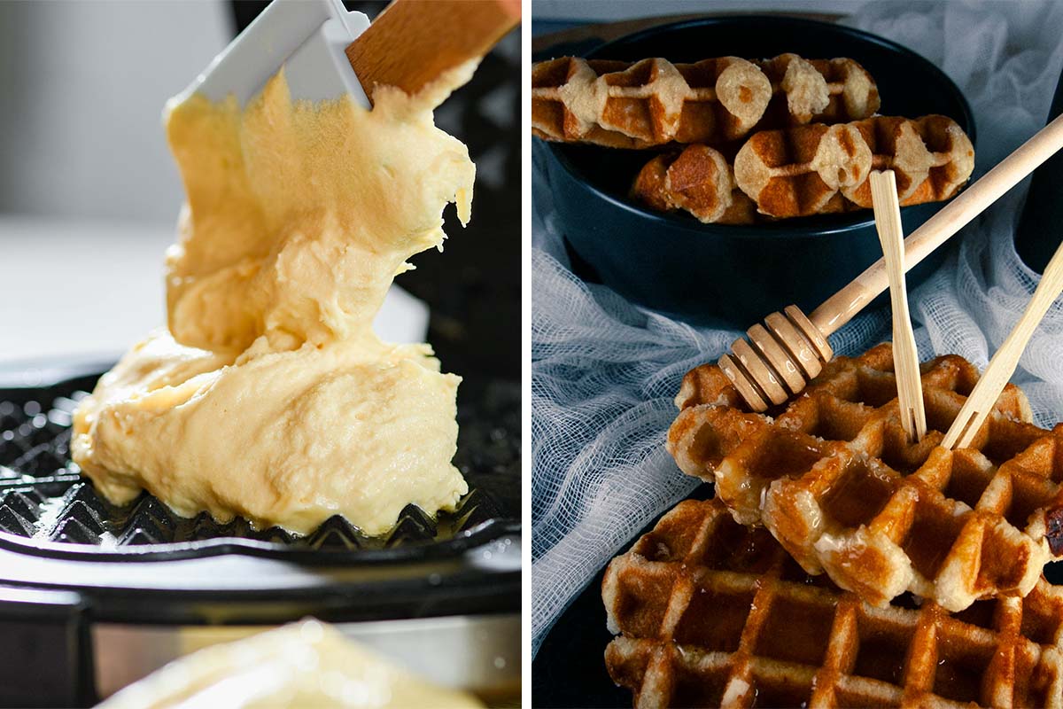 zweigeteiltes Bild: links nah: Waffelteig wird auf ein Waffeleisen gegeben, rechts fertige Waffeln auf einem Servierteller