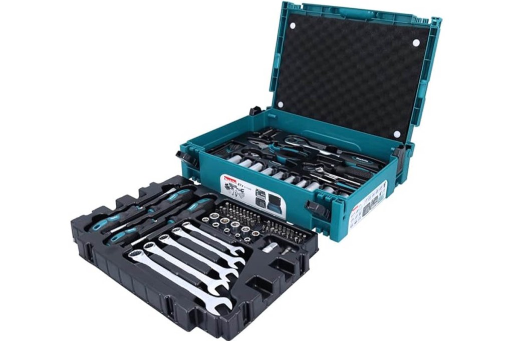 Produktbild des Makita E-11542 Mechaniker-Set mit Handwerkzeugen, im Makpac-Koffer, 87-teilig in türkis.