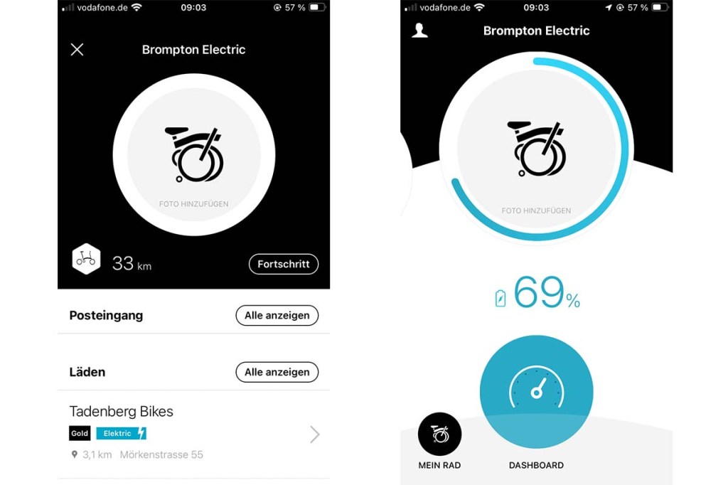 Zwei Handybildschirme nebeneinander, die die Brompton App zeigen