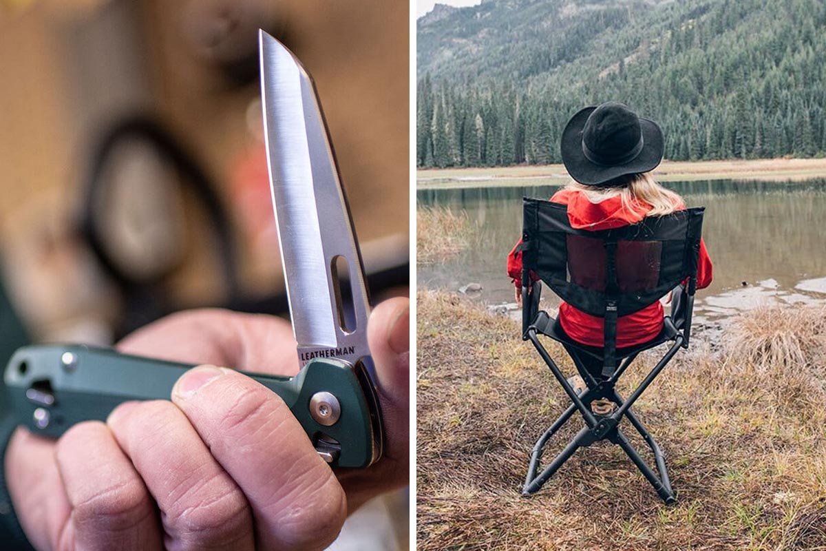 Multitool von Leatherman in einer Hand und Campingstuhl auf einem zweigeteiltem Bild.