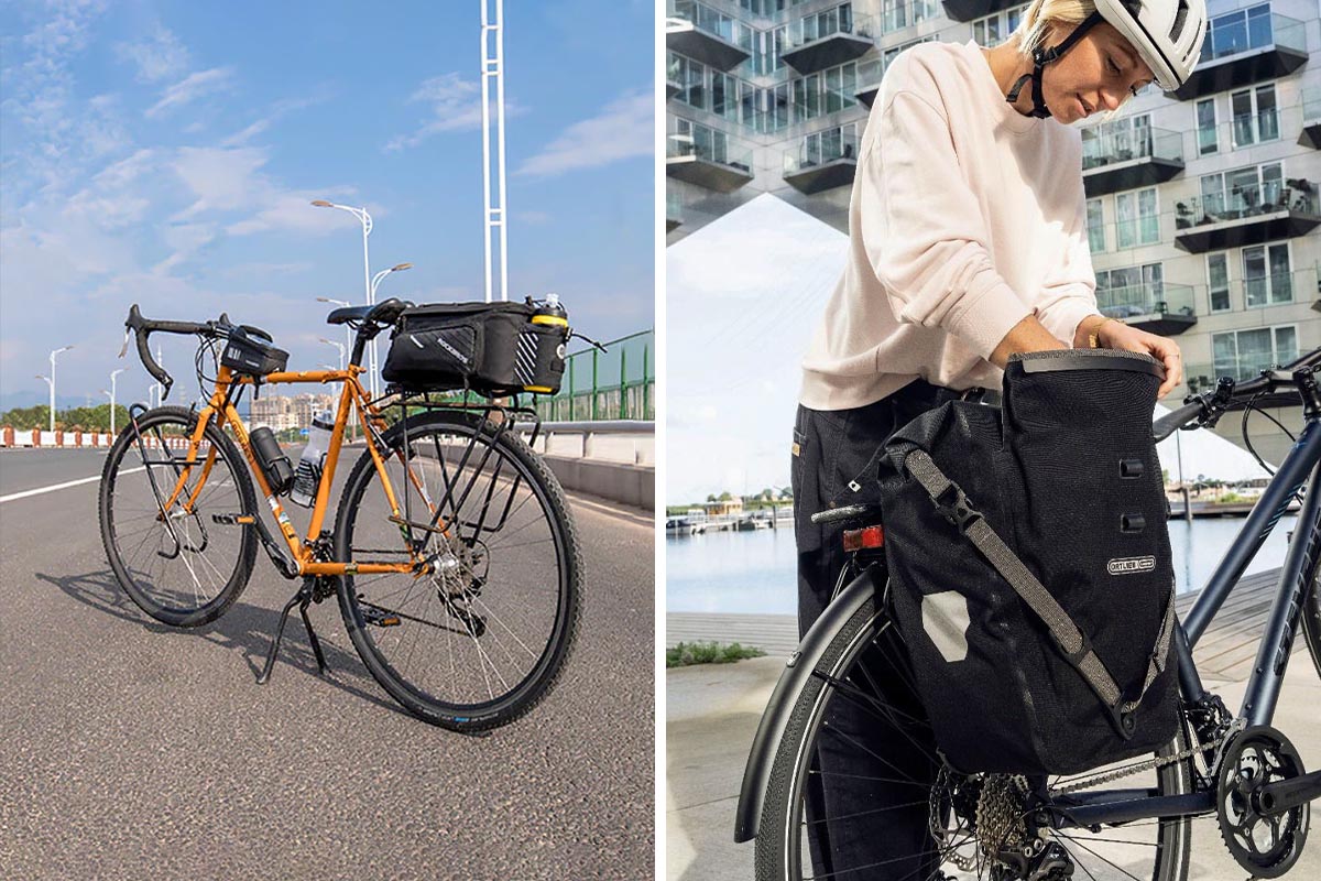 Fahrradtaschen verschiedener Hersteller auf einem zweigeteiltem Bild.