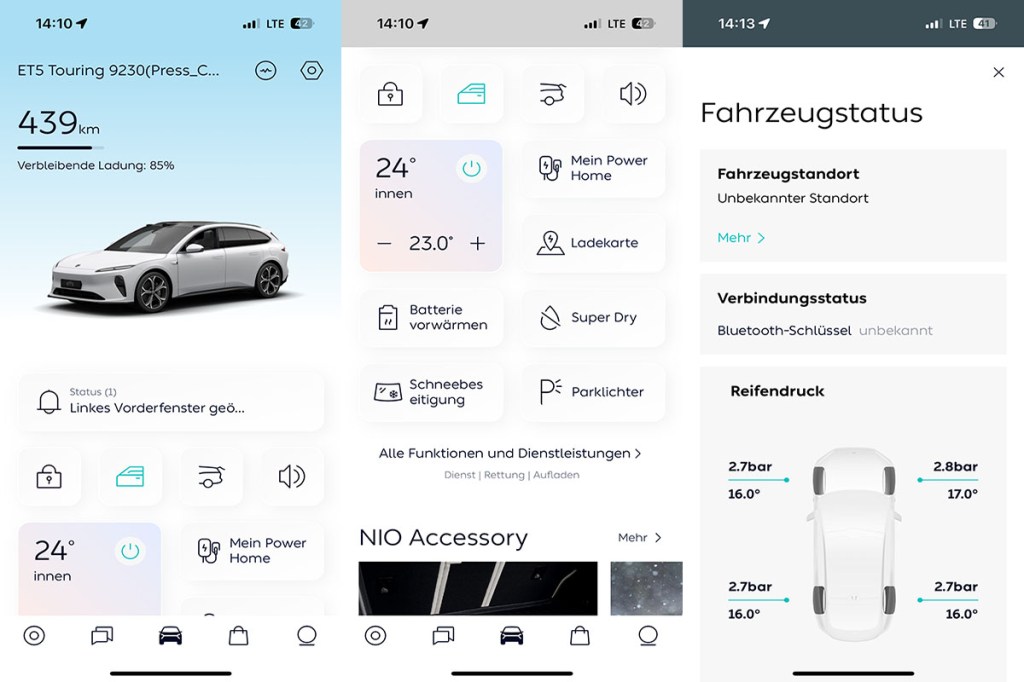 Nebeneinander gestellte Screenshots aus der E-Auto-App des Nio ET5 Touring