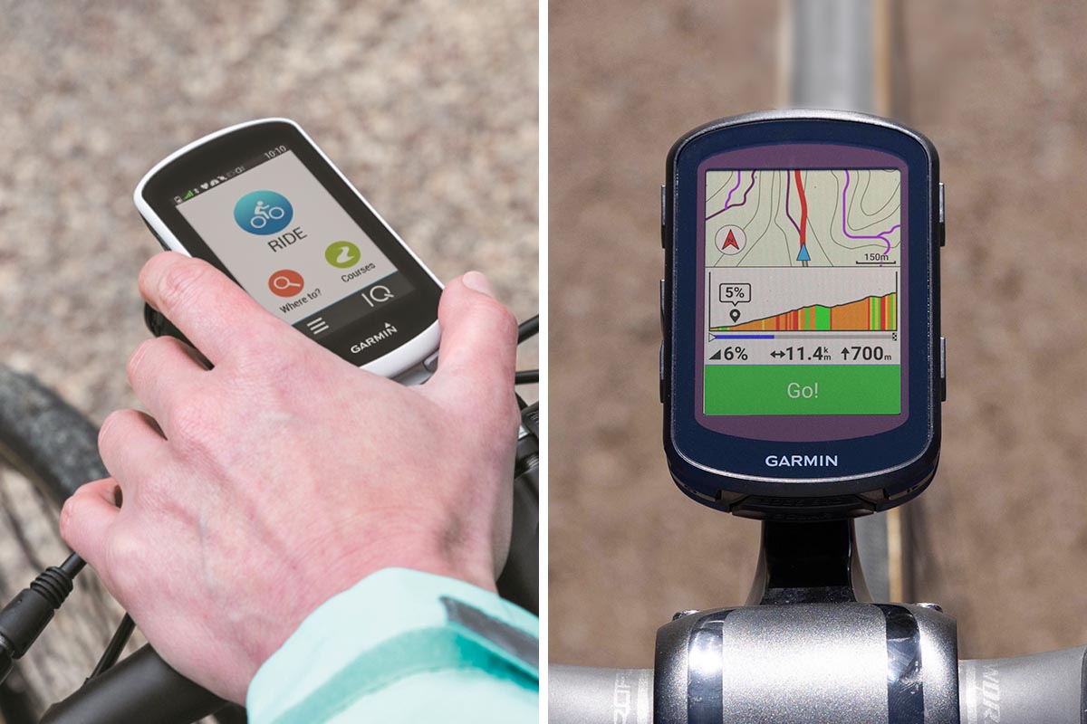 Fahrrad-Computer von Garmin an einem Fahrrad befestigt.