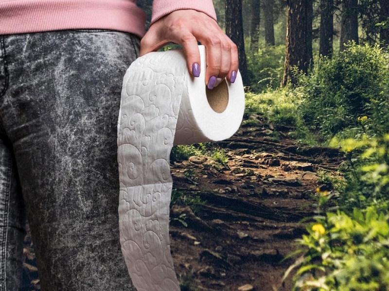 Person mit einer Toilettenrolle in der Hand vor einem Wald stehend.