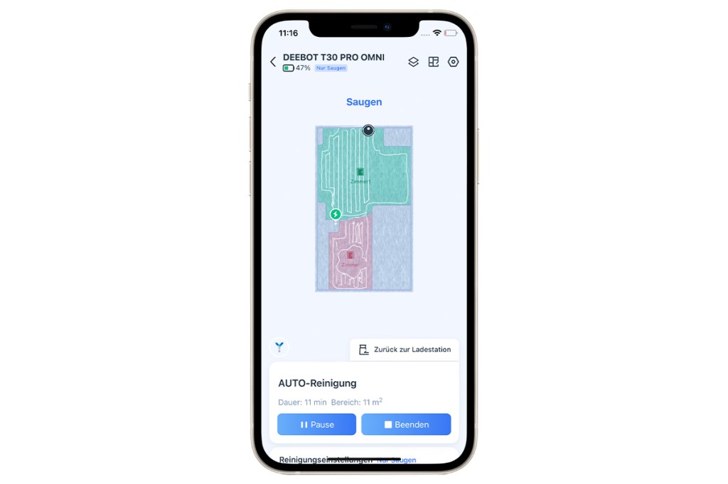 Ein Screenshot der Ecovacs-App mit verbundenem Deebot T30 Pro Omni auf einem iPhone.