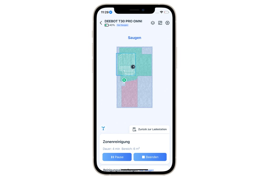 Ein Screenshot der Ecovacs-App mit verbundenem Deebot T30 Pro Omni auf einem iPhone.
