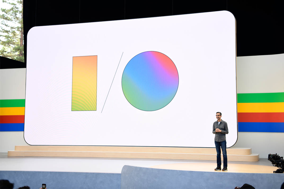 Sundar Pichai spricht auf der I/O 2024.