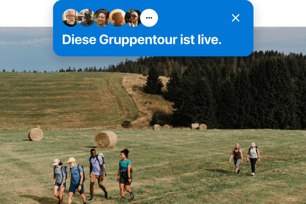 Personengruppe wandert über eine Wiese, Grafik zeigt PErsonenprofile an