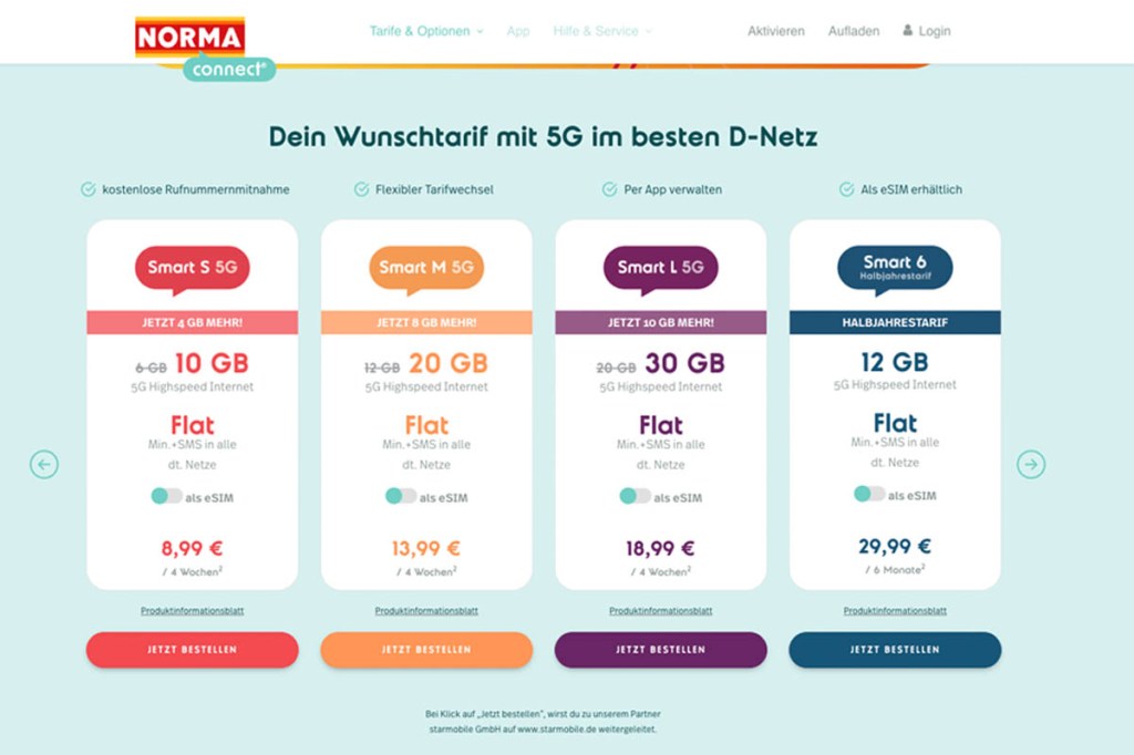 Screenshot der Norma-Tarife