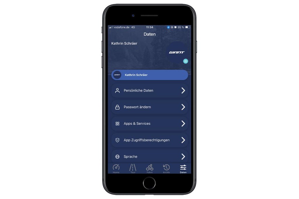 Screenshot aus der Giant RideControl-App