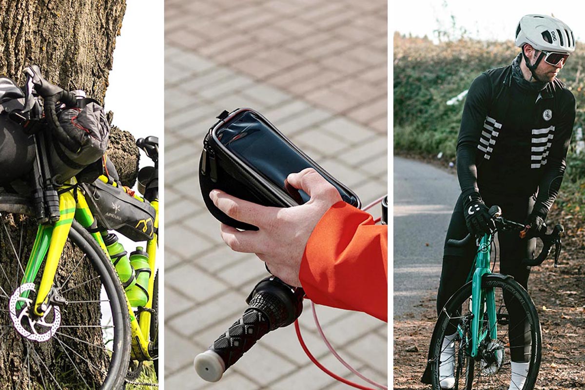 Dreigeteiltes Bild: Links Gravelbike an einen Baum gelehnt, Mitte: Smartphone in der Hand einer Person, rechts: Mann auf Gravelbike