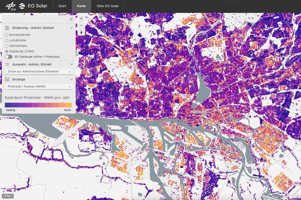 Ein Screenshot des Solaratlas, auf dem Hamburg betrachtet wird.