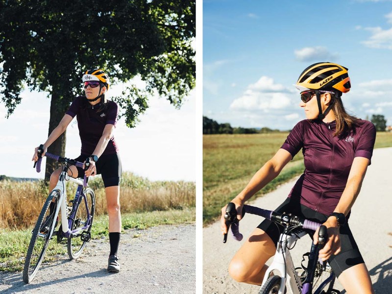 Zweigeteiltes Bild, auf beiden sieht man eine Frau auf einem Gravelbike