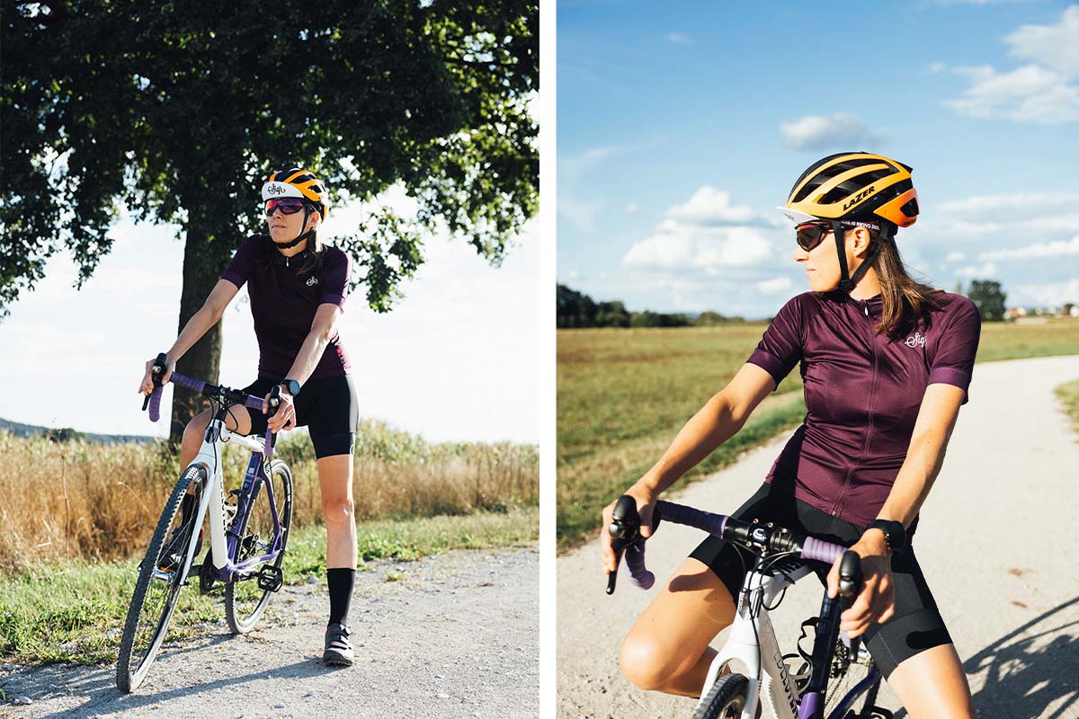 Zweigeteiltes Bild, auf beiden sieht man eine Frau auf einem Gravelbike