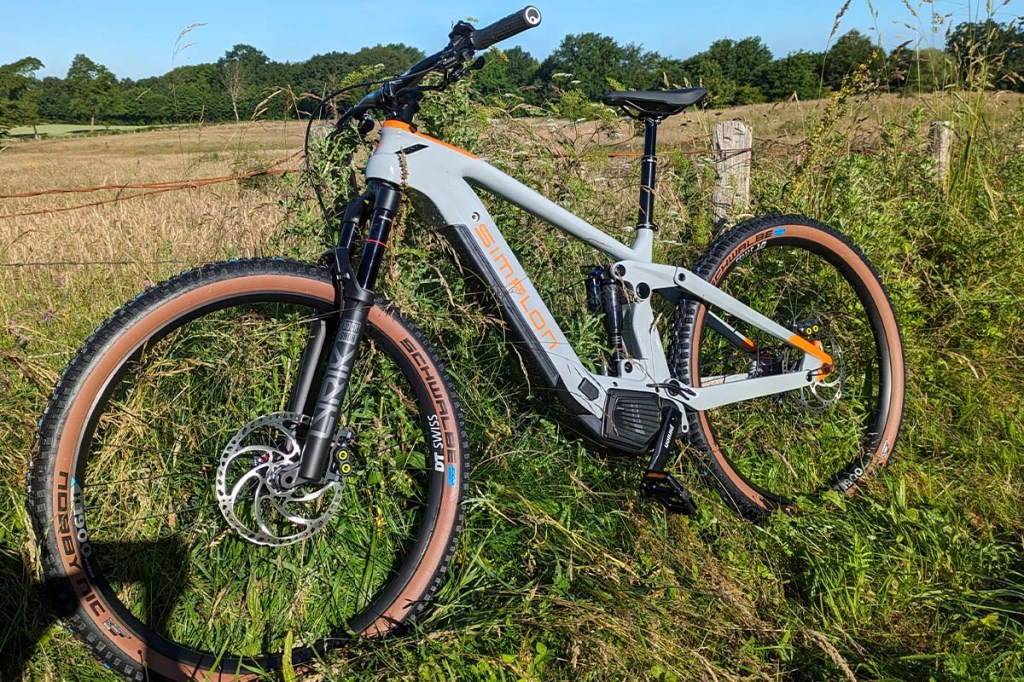 Totale E-Mountainbike vor einen Zaun gelehnt, Weidelandschaft im Hintergrund