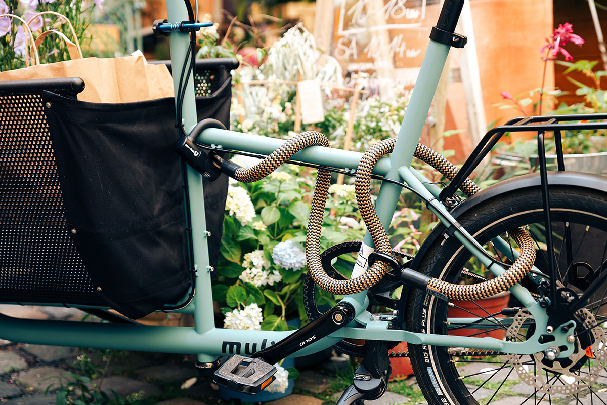 Fahrradschloss tex-lock vom Hersteller eyelet, dass ein Lastenfahrrad sichert. Das Bike steht vor einem Blumen bewachsenen Eingang.