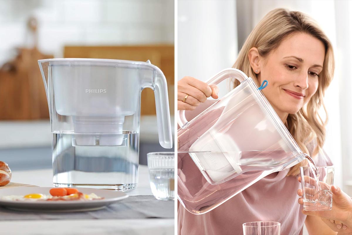 Wasserfilter verschiedener Hersteller auf einem zweigeteiltem Bild.