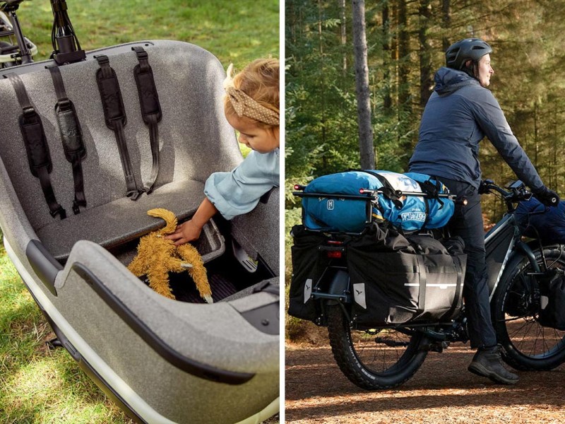 Ein Kind und eine erwachsene Person auf und an einem Cargobike auf einem zweigeteiltem Bild.