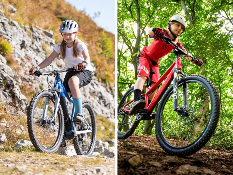 Zwei Kinder fahren in der Natur auf einem E-Bike auf einem zweigeteiltem Bild.