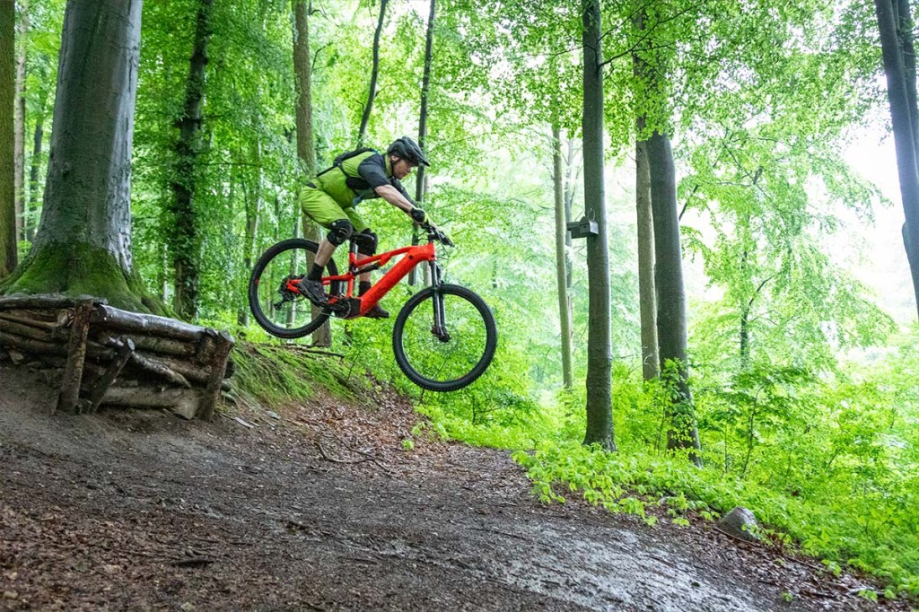 Mann mit seinem Mountainbike im Wald, springt über ein Hinternis