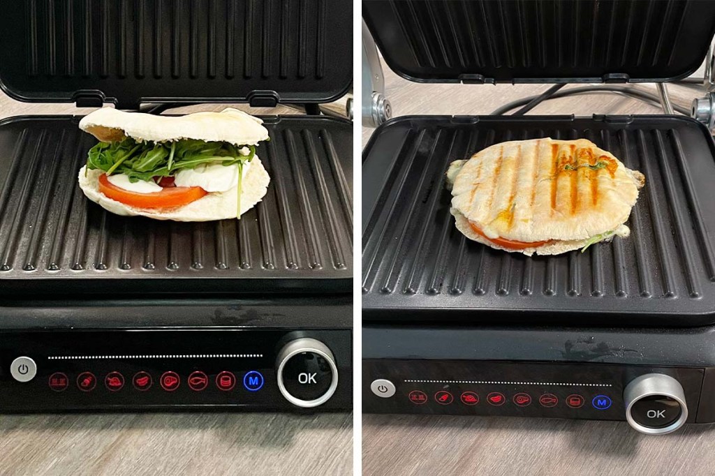 Ein zweigeteiltes Bild: Es ist jeweils der Severin-Kontaktgrill zu sehen. Links mit rohem Panini, rechts mit gegrilltem.