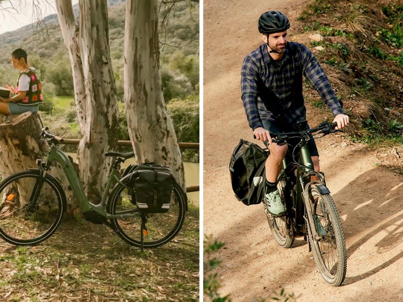 Zwei Personen auf Trekking E-Bikes auf einem zweigeteiltem Bild.