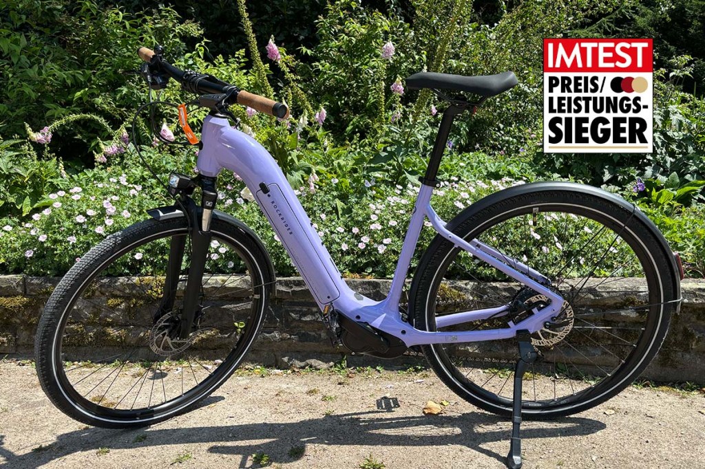 fliederfarbenes E-Bike von der Seite mit Preis-Leistungssieger-Grafik