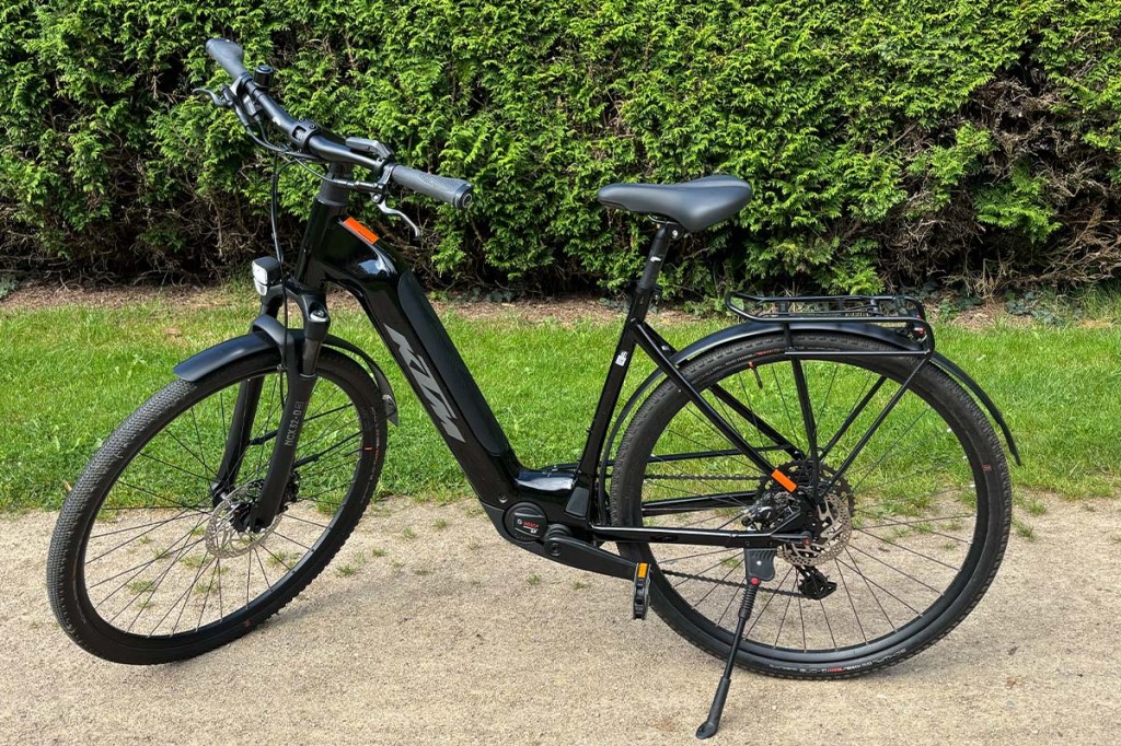 schwarzes E-Bike in einem Park stehend