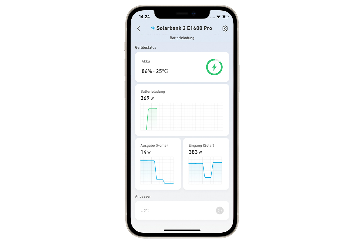 Ein Screenshot der Anker-App mit angeschlossenem Solix Solarbank 2 Pro System.