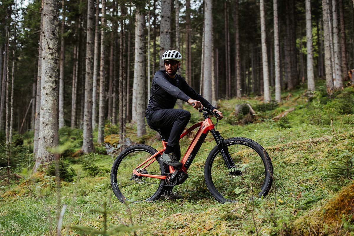 Mann fährt mit einem E-MTB durch einen Wald