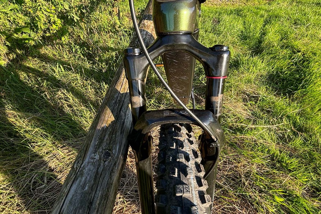 Blick auf die Federgabel plus Reifen eines E-Bikes