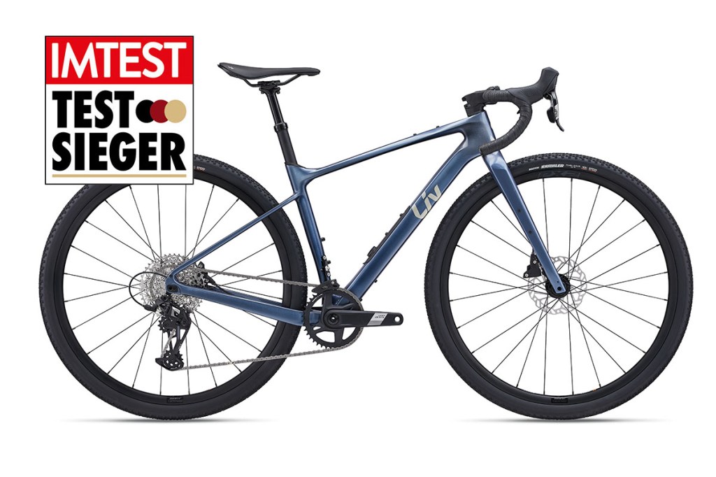 Blaues Gravelbike im Profil vor weißem Hintergrund mit Testsieger-Siegel von IMTEST.