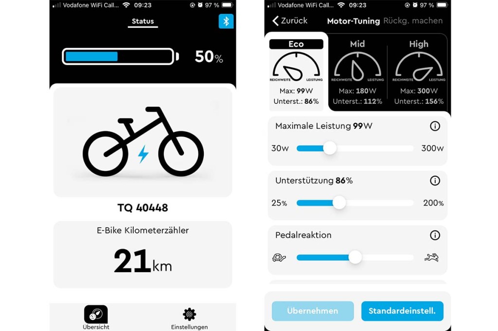 Zwei Screenshots der TQ-App für E-Bikes nebeneinander