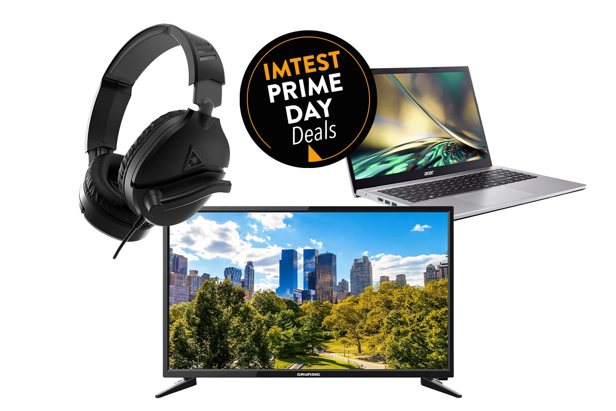 Notebook, Gaming.-Headset, Smart-TV vor weißem Hintergrund mit Prime Day-Siegel.