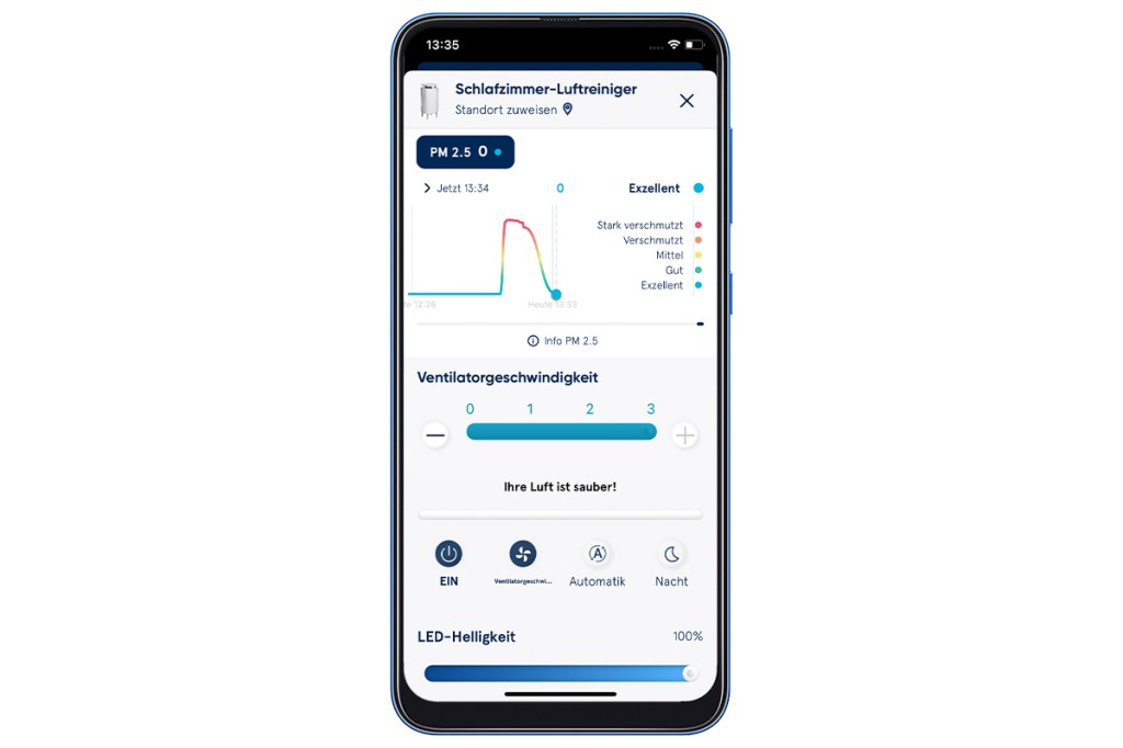 Ein Screenshot der Blueair-App mit verknüpftem DustMagnet 5240i auf einem Smartphone auf weißem Grund
