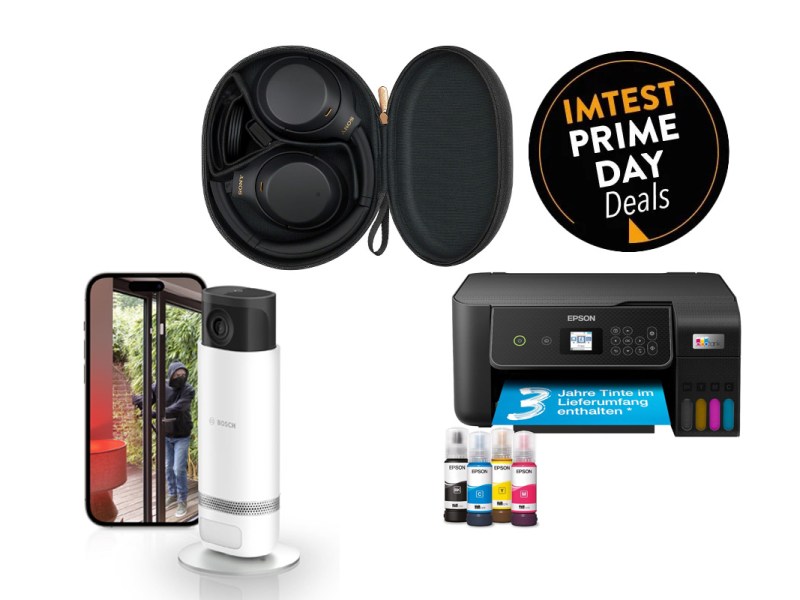 Verschiedene, technische Geräte auf weißem Hintergrund. Recht oben der IMTEST Button für den Prime Day.