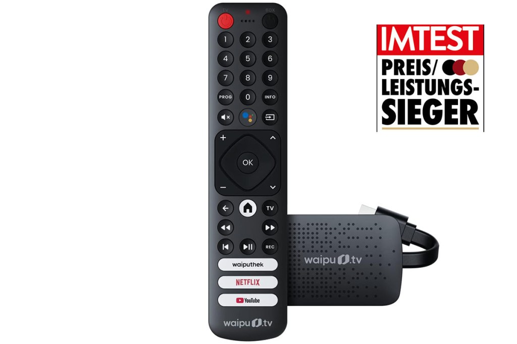 Streaming Box von Waipu TV mit Fernbedienung und Preis-Leistungssieger-Siegel von IMTEST vor weißem Hintergrund