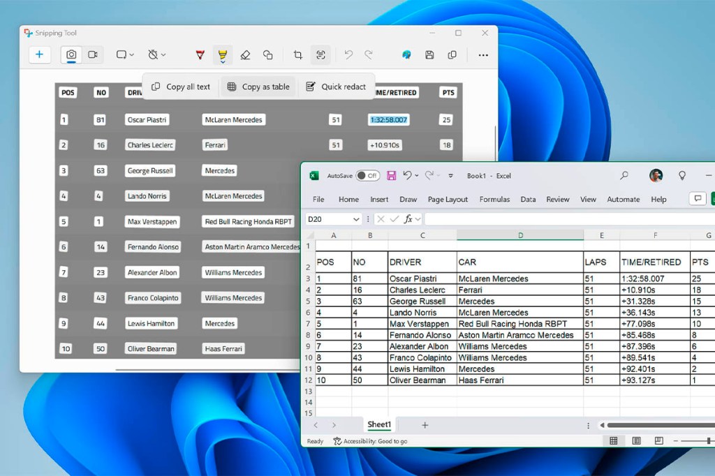 Screenshot von zwei geöffneten Fenstern (Snipping-Tool und Excel) in Windows 11.