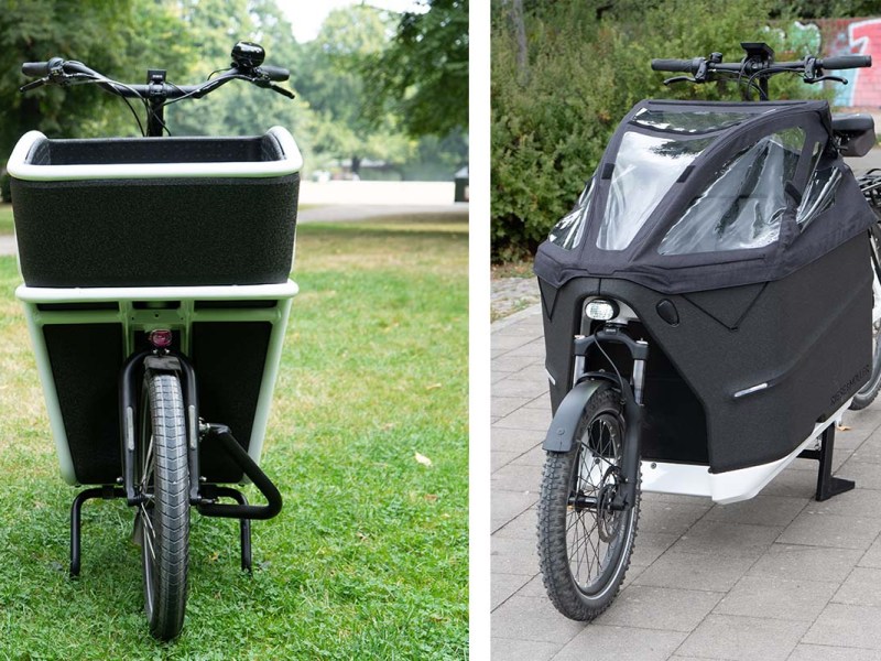 zweigeteiltes Bild, auf jedem Sieht man ein Cargo-E-Bike, links im Park stehend, rechts in einer städtischen Gegend