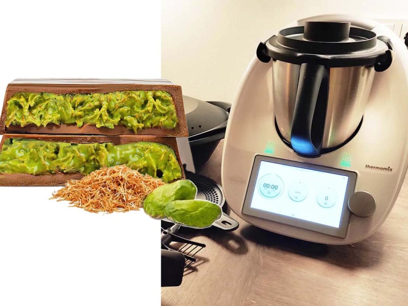 Thermomix auf einer Arbeitsfläche, daneben PRoductshot von Dubai-Schokolade