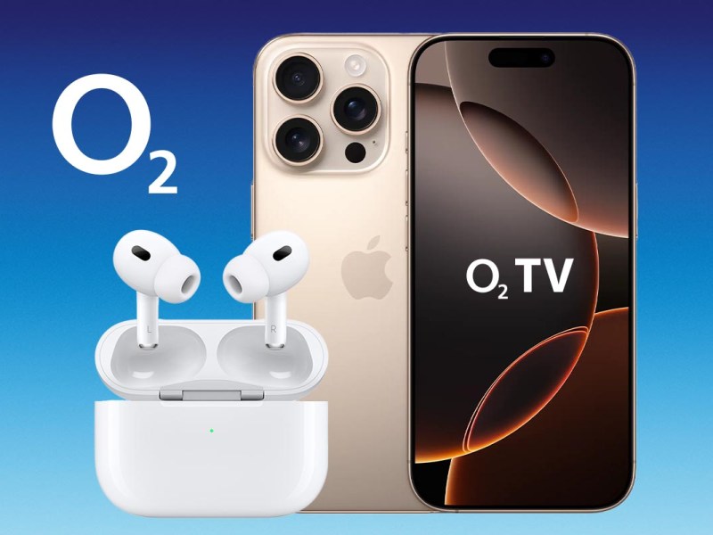 iPhone 16 Pro mit Apple AirPods Pro 2 vor blauem Hintergrund