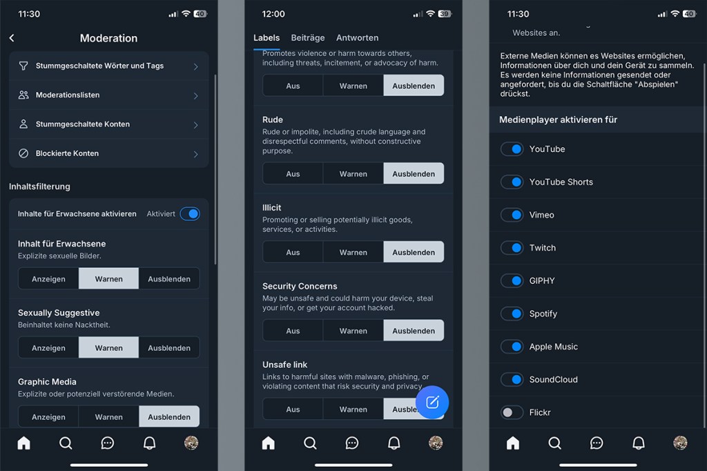 Die Einstellungsbildschirme für Inhalte auf Bluesky.