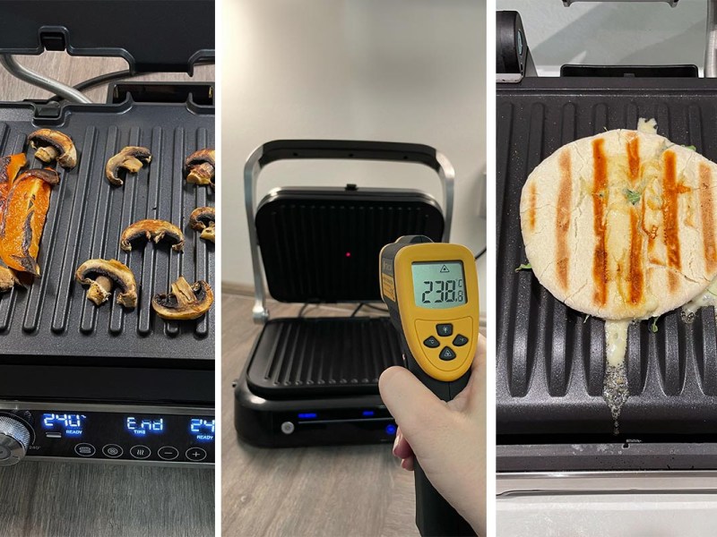 Ein dreigeteiltes Bild: links gegrilltes Gemüse auf einem Kontaktgrill, mittig eine Hand mit Temperaturmessgerät vor einem Kontaktgrill, rechts ein gegrilltes Panini auf einem Kontaktgrill.