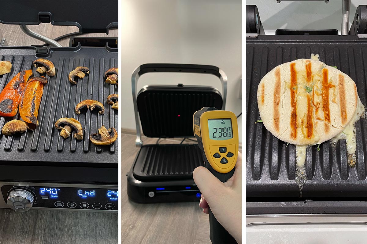 Ein dreigeteiltes Bild: links gegrilltes Gemüse auf einem Kontaktgrill, mittig eine Hand mit Temperaturmessgerät vor einem Kontaktgrill, rechts ein gegrilltes Panini auf einem Kontaktgrill.