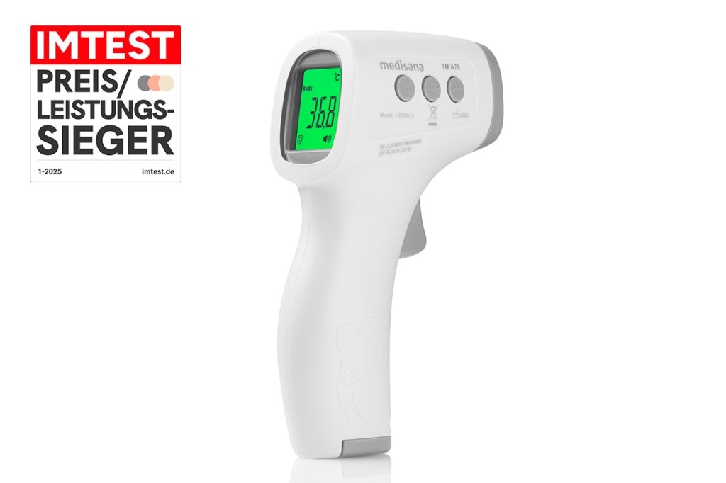 Kontaktloses Fierberthermometer Medisana TM A79vor weißem Hintergrund mit eingeklinktem Preis-Leistungs-Sieger-Siegel von IMTEST.